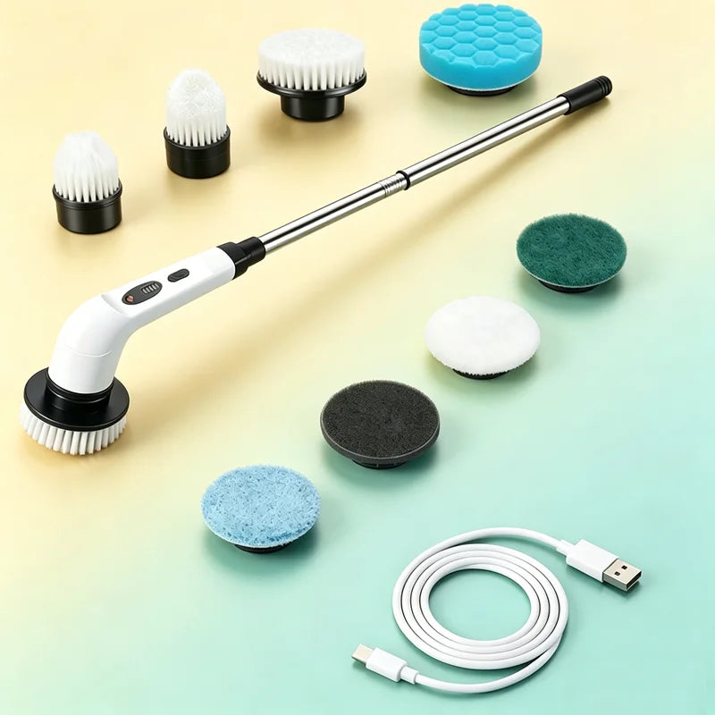 Electric power scrubber and its swappable cleaning heads laid out