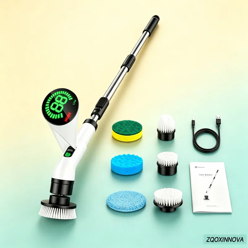 Big electric power scrubber with extended handle for floors and tiles