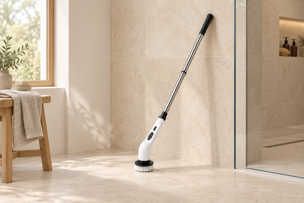 Extended-handle electric scrubber in a warm stone bathroom