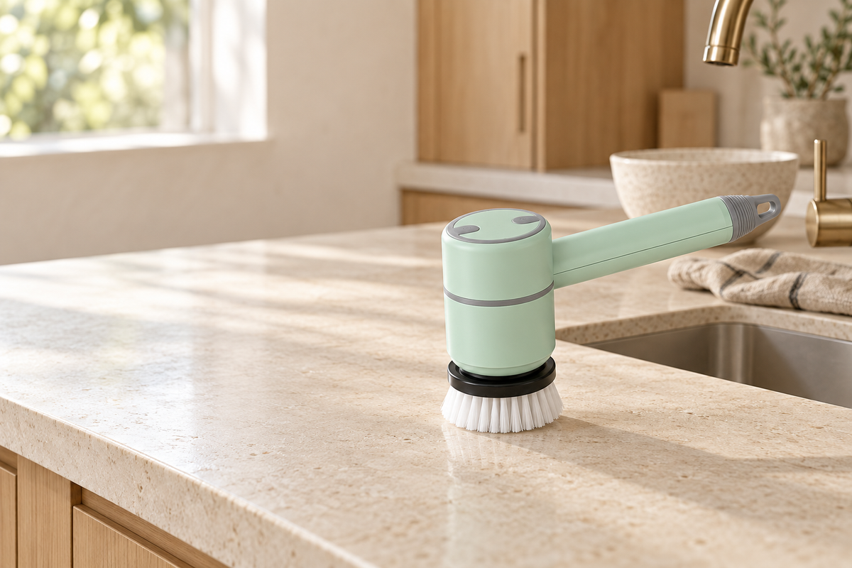 Mint-green electric scrubber beside a kitchen sink in a warm Scandinavian kitchen